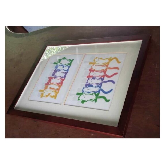 Rainbow Siamese Cats Dancing Front & Back Framed Original Art Print - Picture 3 of 7